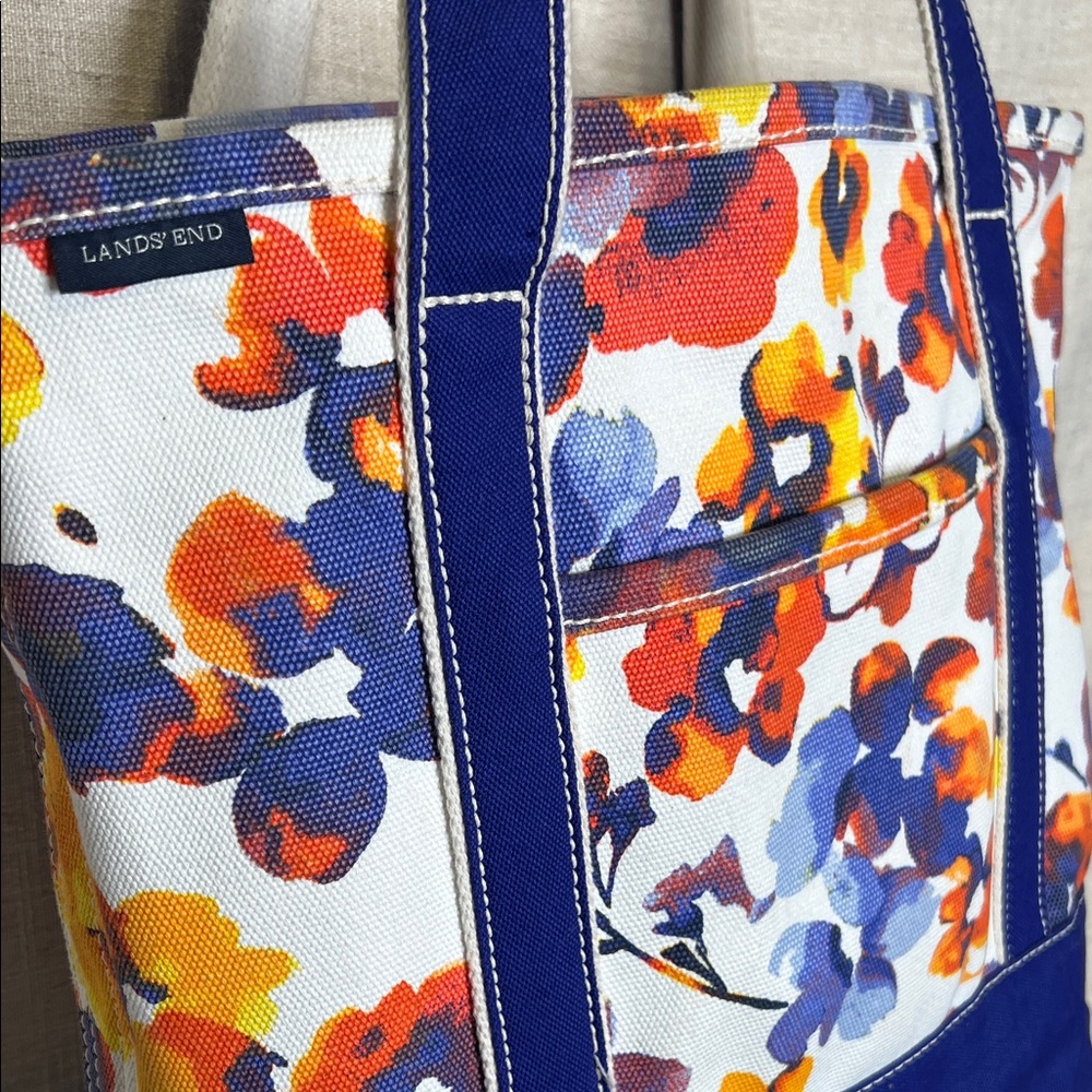 Lands End Floral Canvas Tote Bag with Navy Trim - Picture 8 of 9